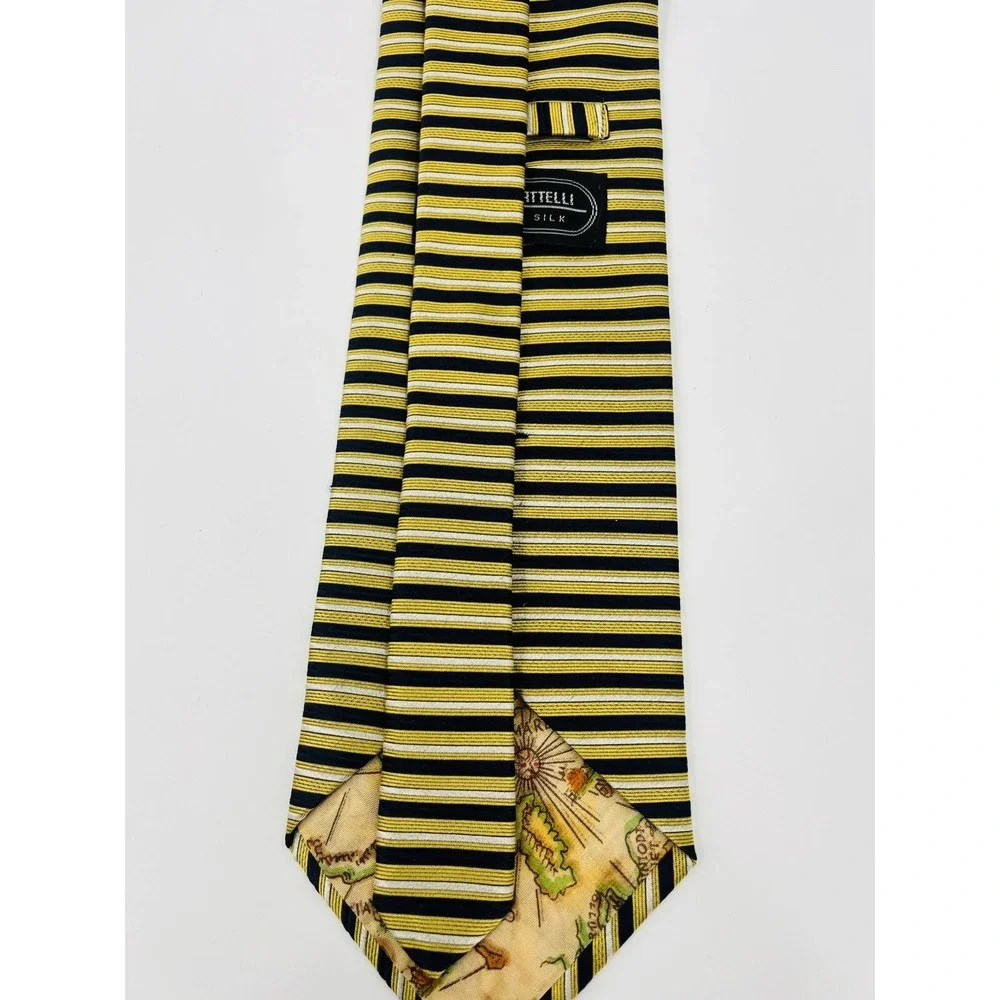 Bruno Piattelli Navy Blue Gold Silver Striped 100% Silk Necktie Classic